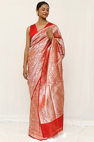 Red Pure Katan Silk Saree Set by Neha & Tarun