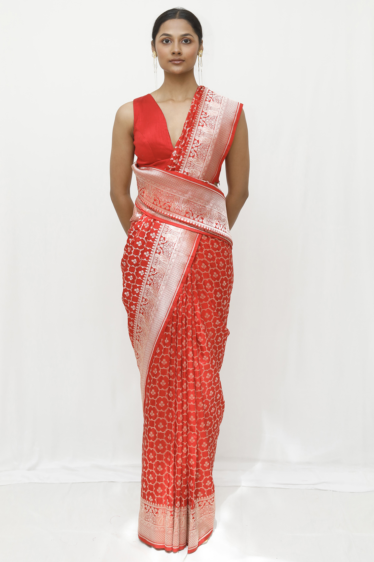 Red Pure Katan Upada Silk Jaal Work Wedding Saree Set by Neha & Tarun at Pernia's Pop Up Shop