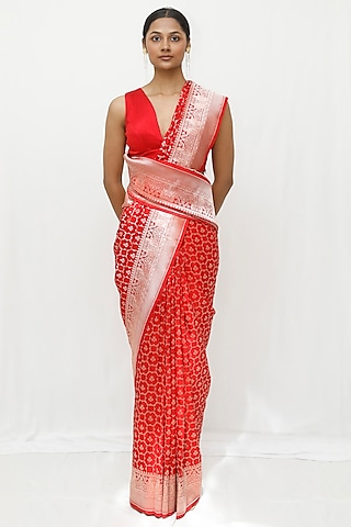 Red Pure Katan Upada Silk Jaal Work Saree Set by Neha & Tarun