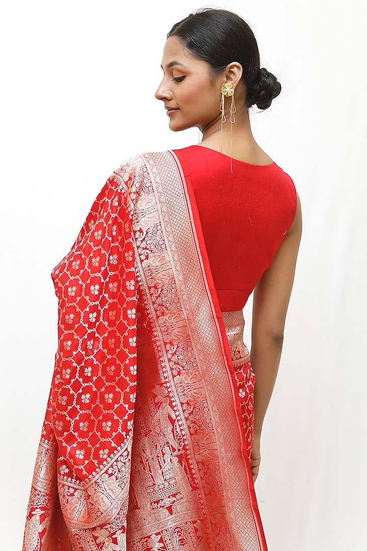 Red Pure Katan Upada Silk Jaal Work Wedding Saree Set by Neha & Tarun at Pernia's Pop Up Shop