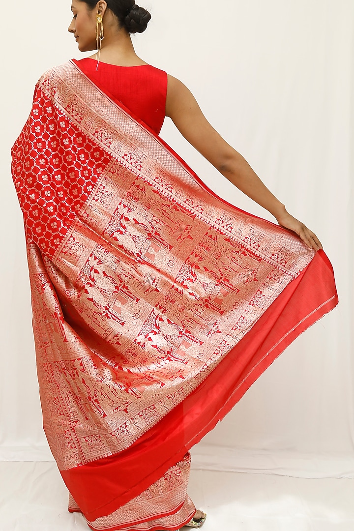 Red Pure Katan Upada Silk Jaal Work Wedding Saree Set by Neha & Tarun at Pernia's Pop Up Shop