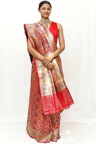 Red Pure Katan Silk Gharchola Saree Set by Neha & Tarun