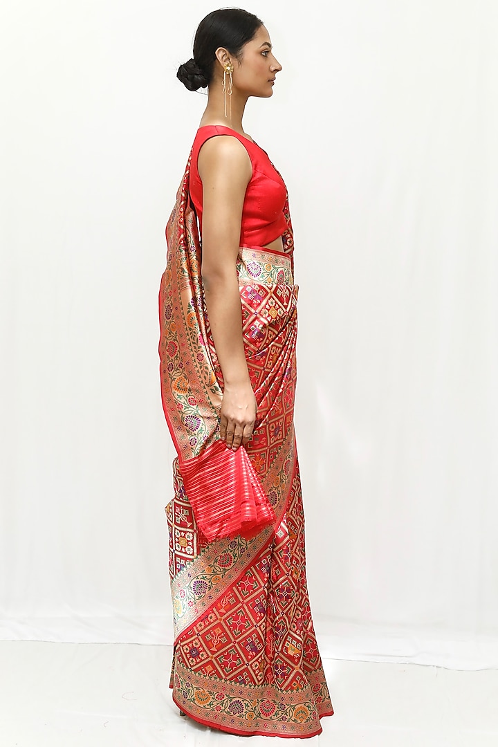Red Pure Katan Silk Gharchola Wedding Saree Set by Neha & Tarun at Pernia's Pop Up Shop