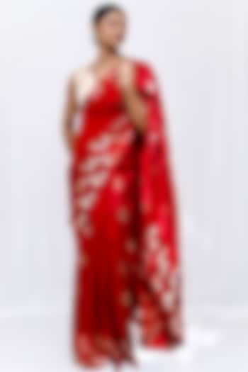 Red Pure Katan Silk Zari Work Wedding Saree Set by Neha & Tarun at Pernia's Pop Up Shop