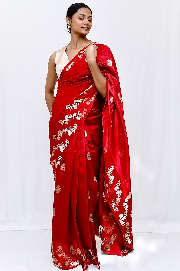 Red Pure Katan Silk Zari Work Wedding Saree Set by Neha & Tarun at Pernia's Pop Up Shop