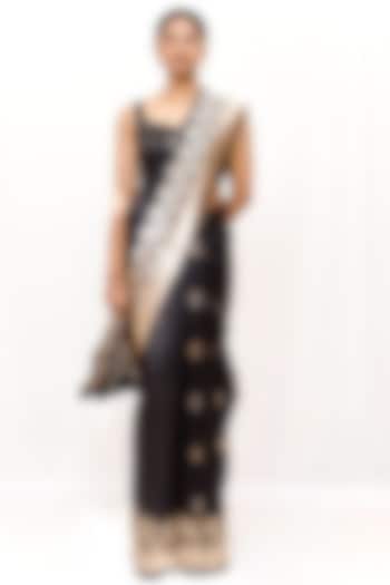 Black Pure Katan Silk Zari Work Wedding Saree Set by Neha & Tarun at Pernia's Pop Up Shop