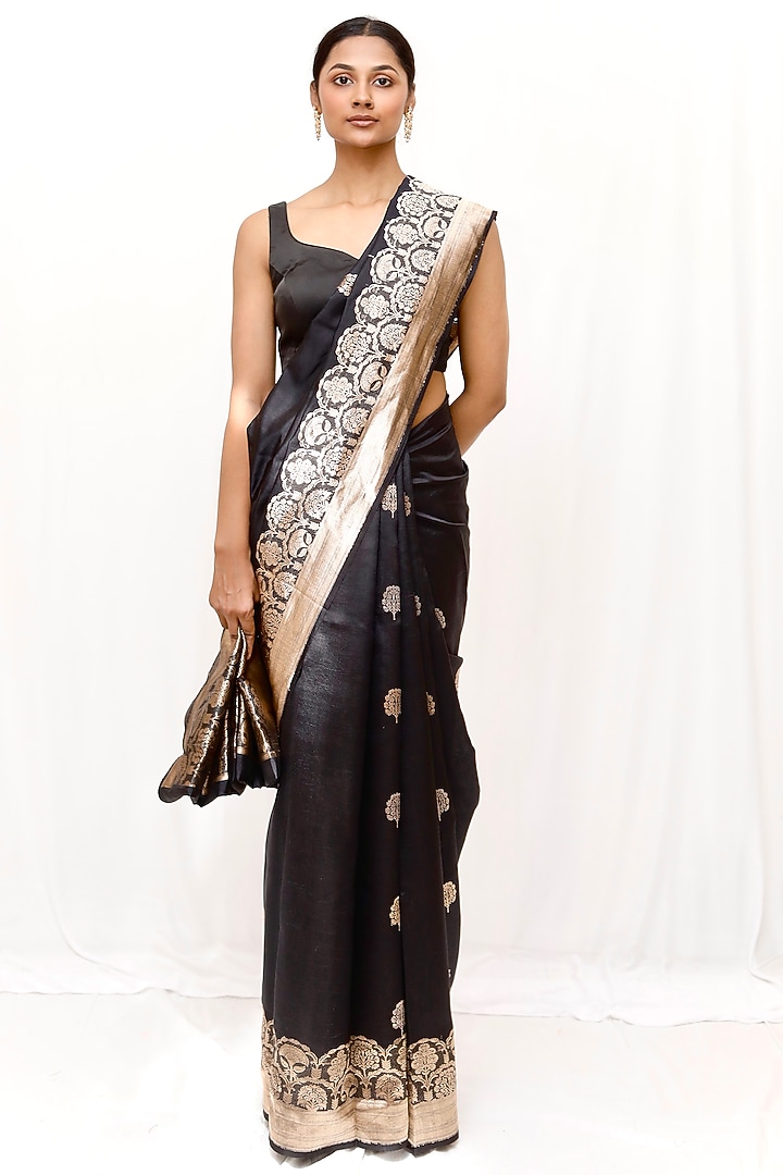 Black Pure Katan Silk Zari Work Wedding Saree Set by Neha & Tarun at Pernia's Pop Up Shop