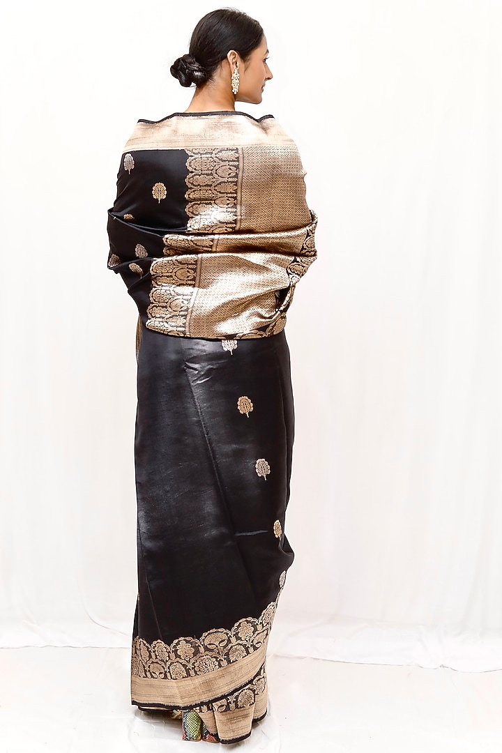 Black Pure Katan Silk Zari Work Wedding Saree Set by Neha & Tarun at Pernia's Pop Up Shop