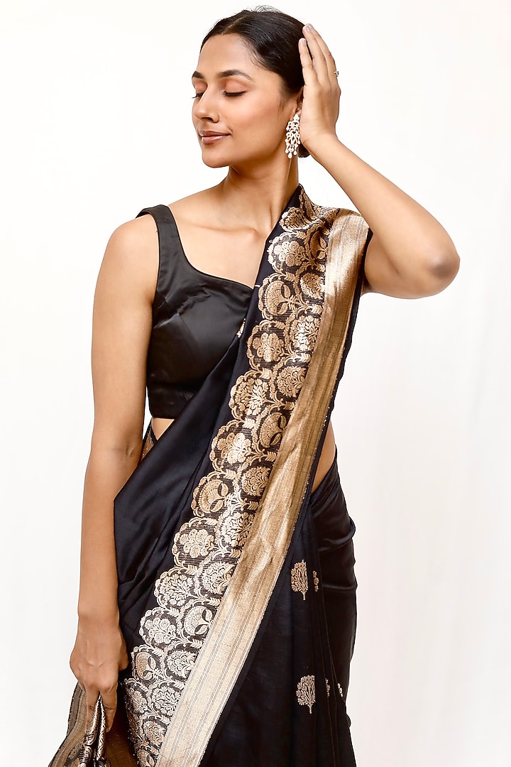 Black Pure Katan Silk Zari Work Wedding Saree Set by Neha & Tarun at Pernia's Pop Up Shop