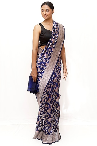 Blue Pure Katan Silk Jaal Work Saree Set by Neha & Tarun