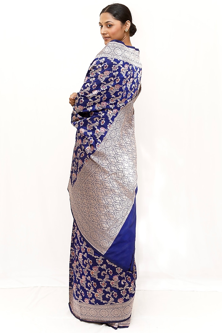 Blue Pure Katan Silk Jaal Work Wedding Saree Set by Neha & Tarun at Pernia's Pop Up Shop