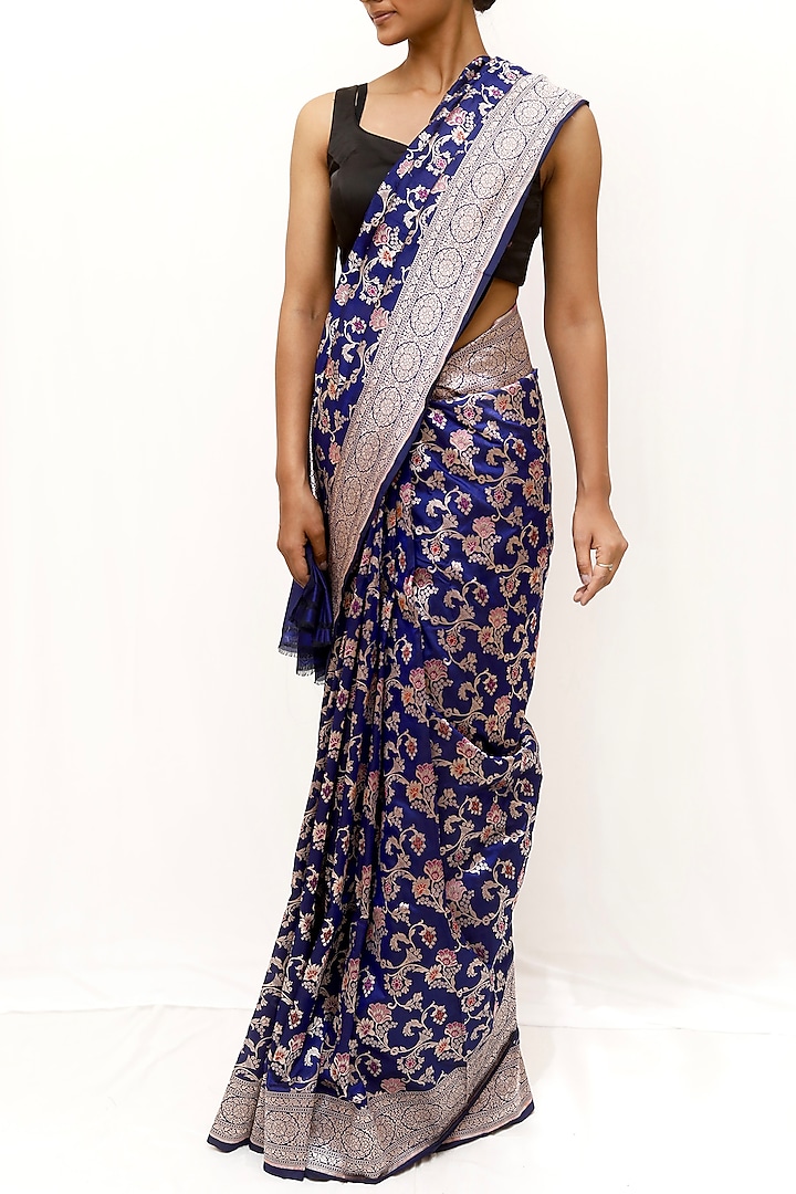 Blue Pure Katan Silk Jaal Work Wedding Saree Set by Neha & Tarun at Pernia's Pop Up Shop