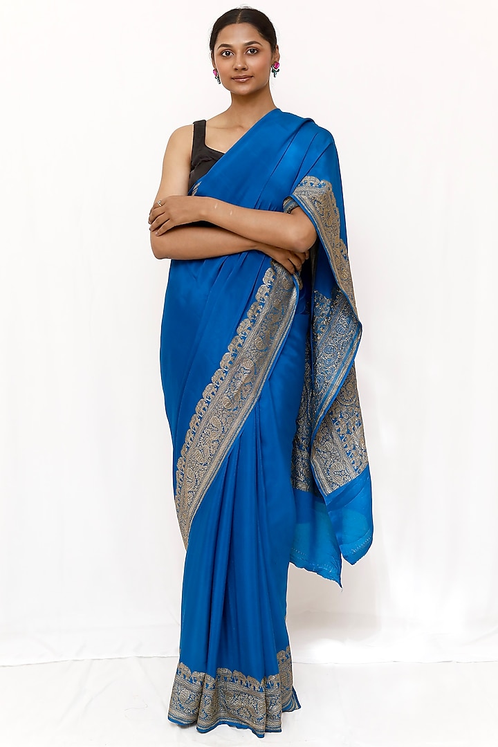 Blue Crepe Katan Wedding Saree Set by Neha & Tarun at Pernia's Pop Up Shop