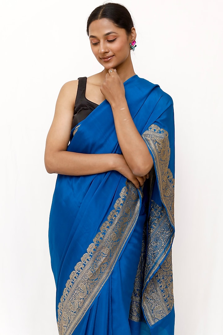 Blue Crepe Katan Wedding Saree Set by Neha & Tarun at Pernia's Pop Up Shop