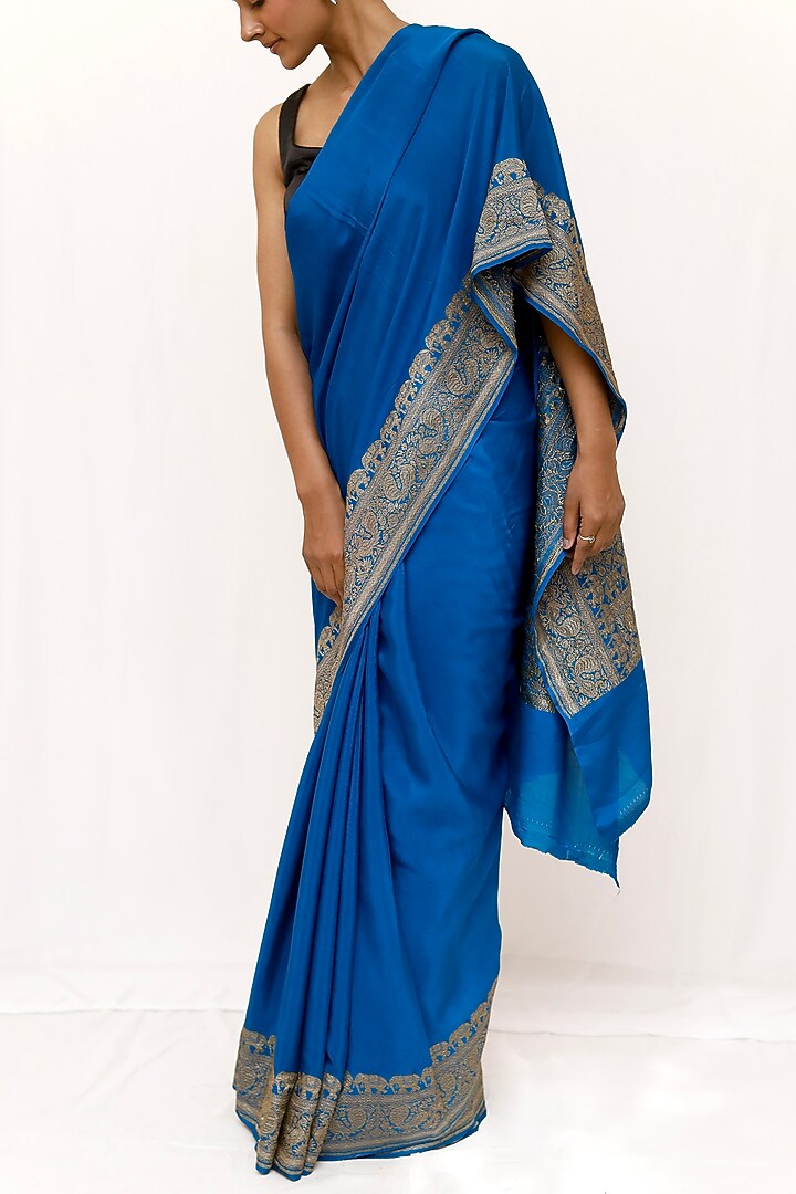 Blue Crepe Katan Wedding Saree Set by Neha & Tarun at Pernia's Pop Up Shop