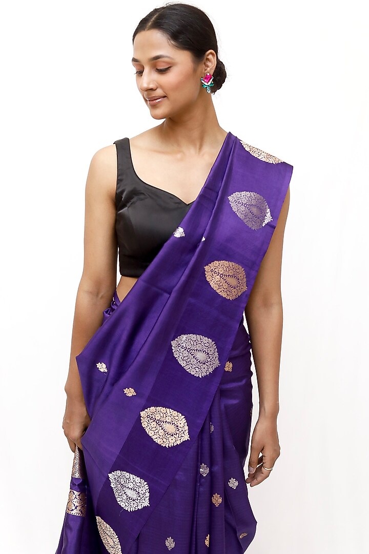 Purple Pure Katan Silk Zari Work Wedding Saree Set by Neha & Tarun at Pernia's Pop Up Shop