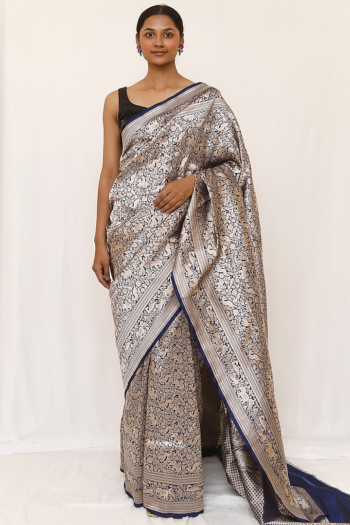 Blue Pure Katan Silk Wedding Saree Set by Neha & Tarun at Pernia's Pop Up Shop