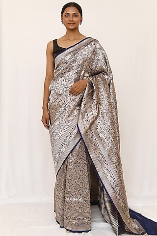 Blue Pure Katan Silk Saree Set by Neha & Tarun