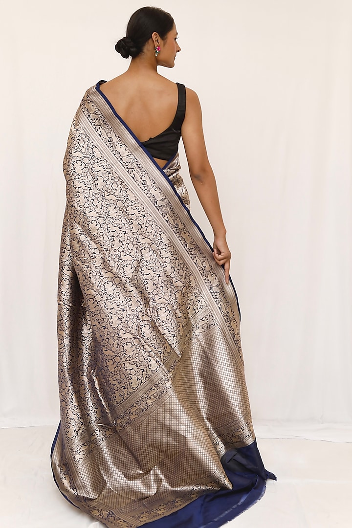 Blue Pure Katan Silk Wedding Saree Set by Neha & Tarun at Pernia's Pop Up Shop