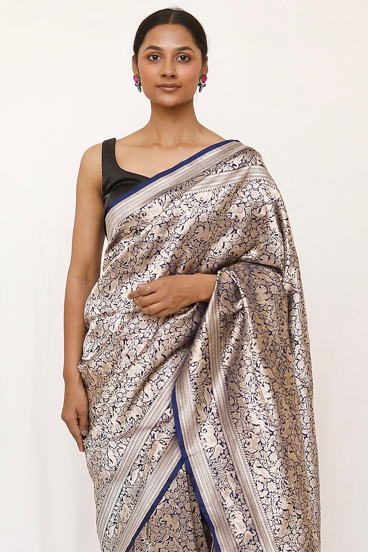 Blue Pure Katan Silk Wedding Saree Set by Neha & Tarun at Pernia's Pop Up Shop