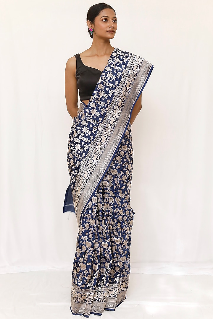 Blue Pure Katan Silk Wedding Saree Set by Neha & Tarun at Pernia's Pop Up Shop