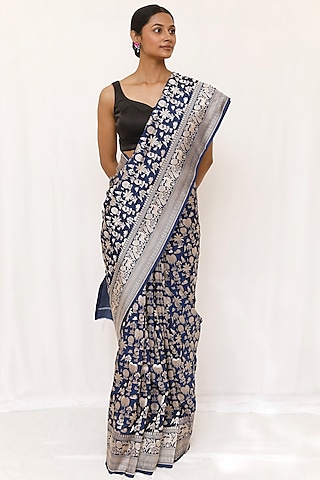 Blue Pure Katan Silk Saree Set by Neha & Tarun