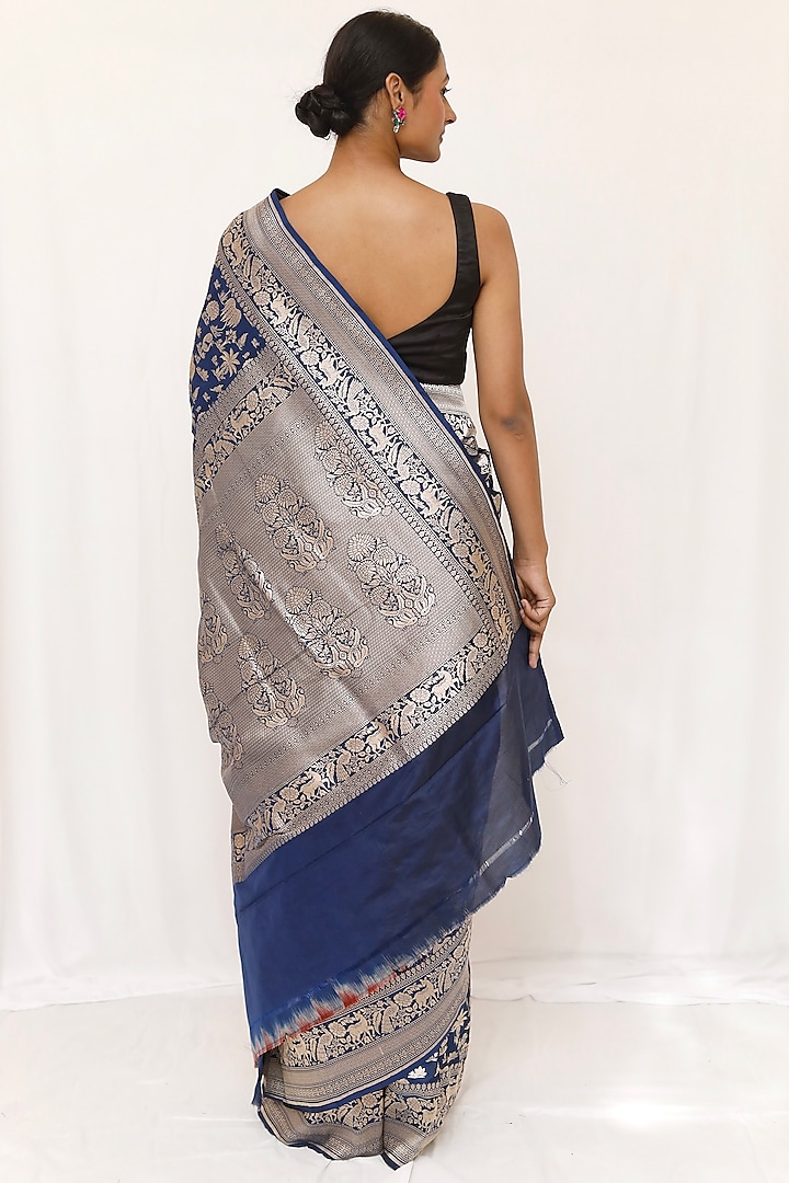 Blue Pure Katan Silk Wedding Saree Set by Neha & Tarun at Pernia's Pop Up Shop