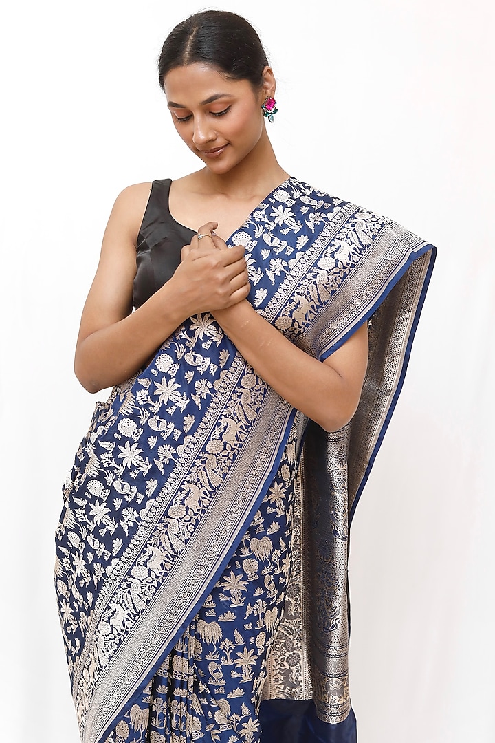 Blue Pure Katan Silk Wedding Saree Set by Neha & Tarun at Pernia's Pop Up Shop