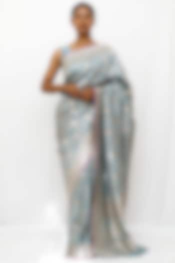Powder Blue Pure Katan Silk Jaal Work Wedding Saree Set by Neha & Tarun at Pernia's Pop Up Shop