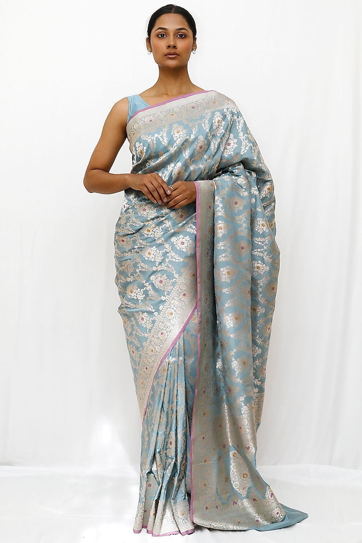Powder Blue Pure Katan Silk Jaal Work Wedding Saree Set by Neha & Tarun at Pernia's Pop Up Shop
