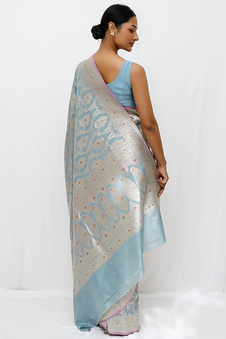 Powder Blue Pure Katan Silk Jaal Work Wedding Saree Set by Neha & Tarun at Pernia's Pop Up Shop