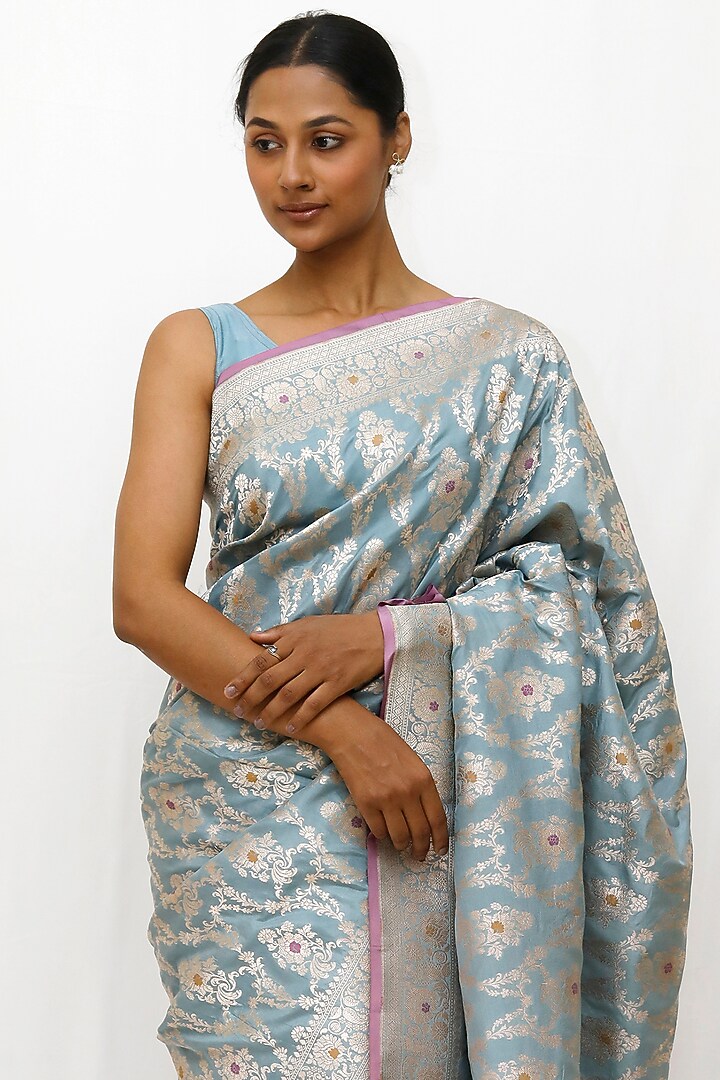 Powder Blue Pure Katan Silk Jaal Work Wedding Saree Set by Neha & Tarun at Pernia's Pop Up Shop