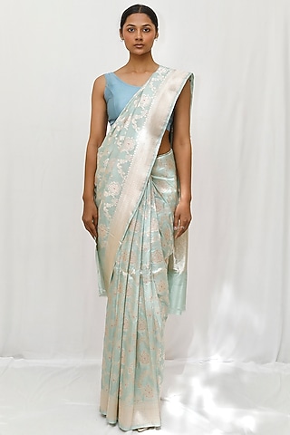 Sea Green Pure Katan Silk Jaal Work Saree Set by Neha & Tarun