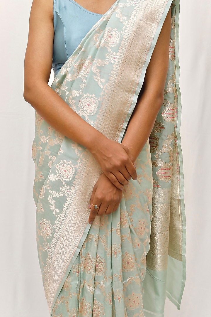 Sea Green Pure Katan Silk Jaal Work Wedding Saree Set by Neha & Tarun at Pernia's Pop Up Shop