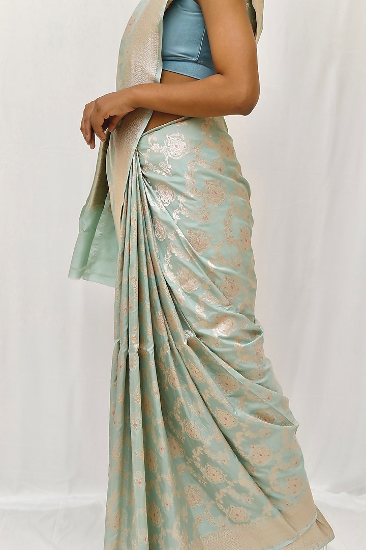 Sea Green Pure Katan Silk Jaal Work Wedding Saree Set by Neha & Tarun at Pernia's Pop Up Shop