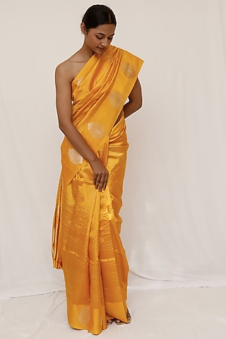 Yellow Pure Katan Silk Zari Work Saree Set by Neha & Tarun