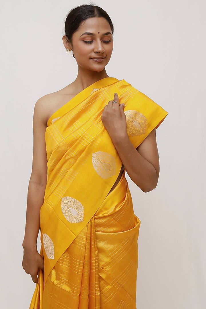 Yellow Pure Katan Silk Zari Work Wedding Saree Set by Neha & Tarun at Pernia's Pop Up Shop