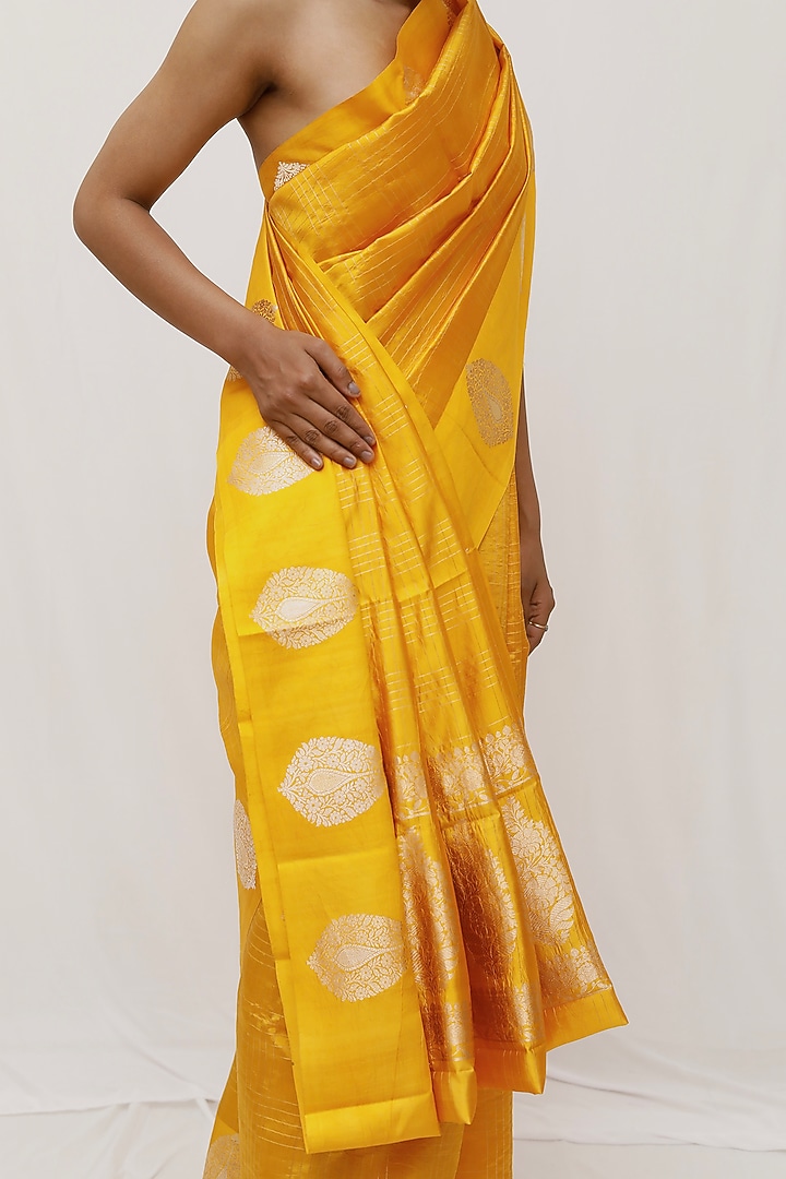 Yellow Pure Katan Silk Zari Work Wedding Saree Set by Neha & Tarun at Pernia's Pop Up Shop
