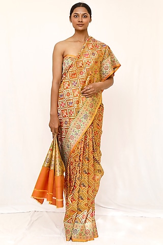 Yellow Pure Katan Silk Gharchola Saree Set by Neha & Tarun