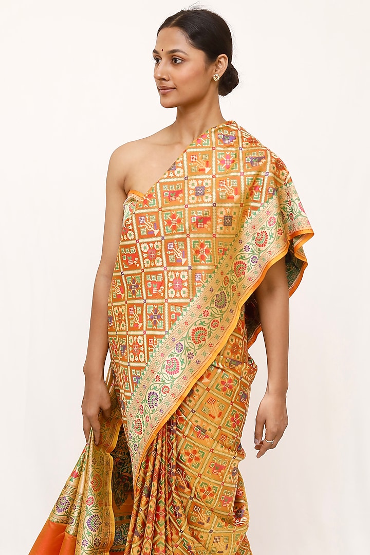 Yellow Pure Katan Silk Gharchola Wedding Saree Set by Neha & Tarun at Pernia's Pop Up Shop