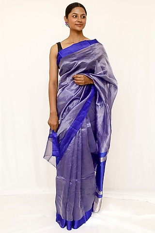 Blue Tissue Jaal Work Saree Set by Neha & Tarun
