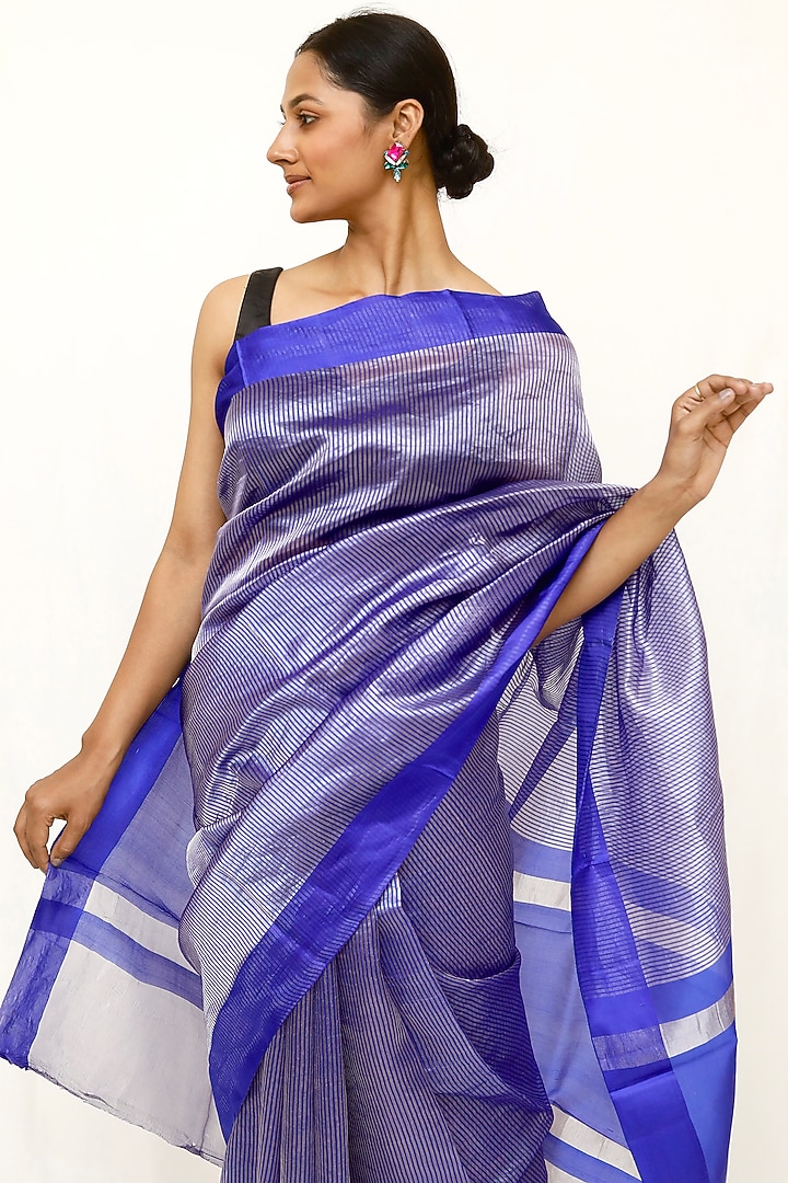 Blue Tissue Jaal Work Party Wear Saree Set by Neha & Tarun at Pernia's Pop Up Shop