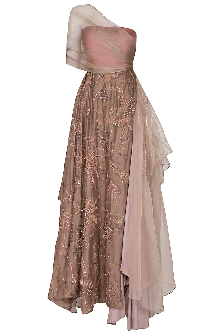 Brown Embroidered Layered Gown by Neha & Tarun