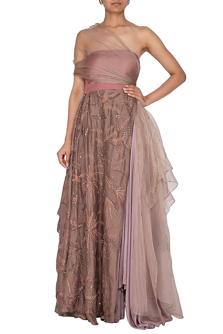 Brown Embroidered Layered Engagement Gown by Neha & Tarun at Pernia's Pop Up Shop