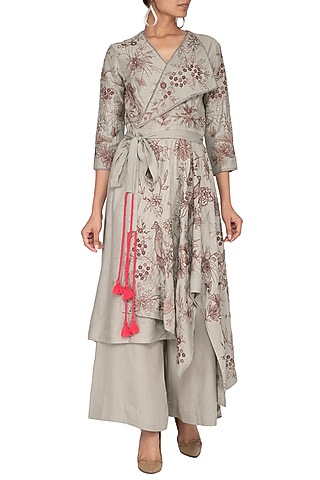 Grey Embroidered Achkan Kurta With Pants & Belt by Neha & Tarun