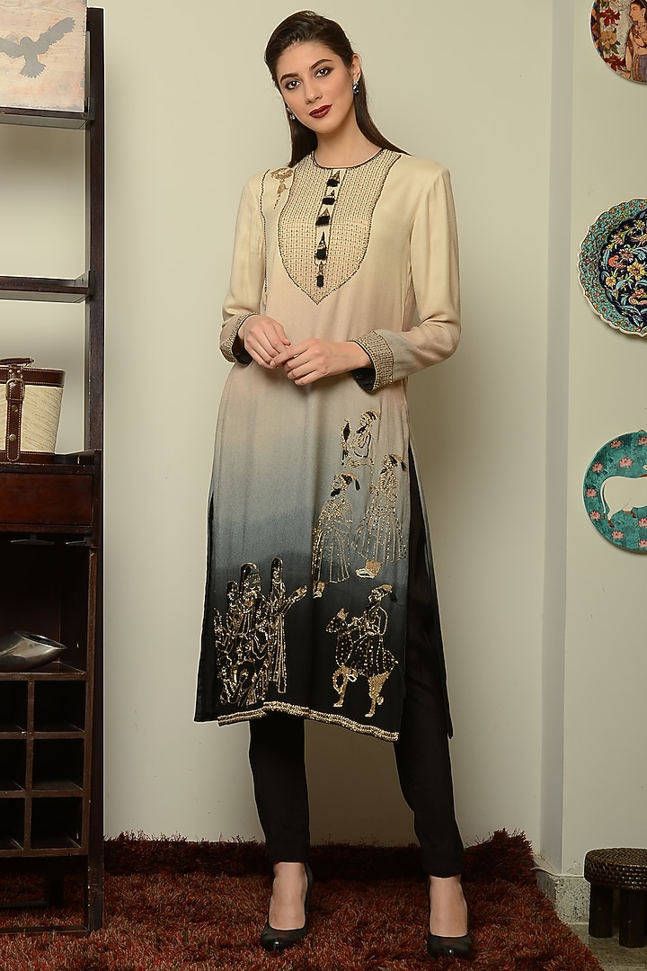 Black Ombre Embroidered Kurta Set by Neha & Tarun at Pernia's Pop Up Shop