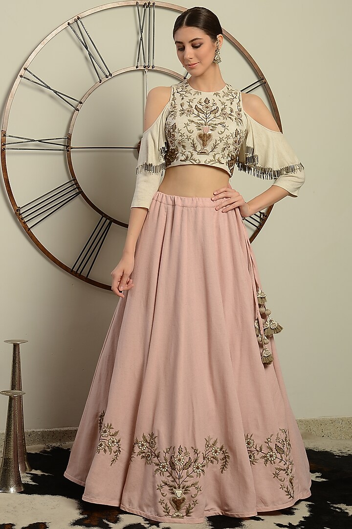 Ivory Embroidered Blouse With Lehenga by Neha & Tarun