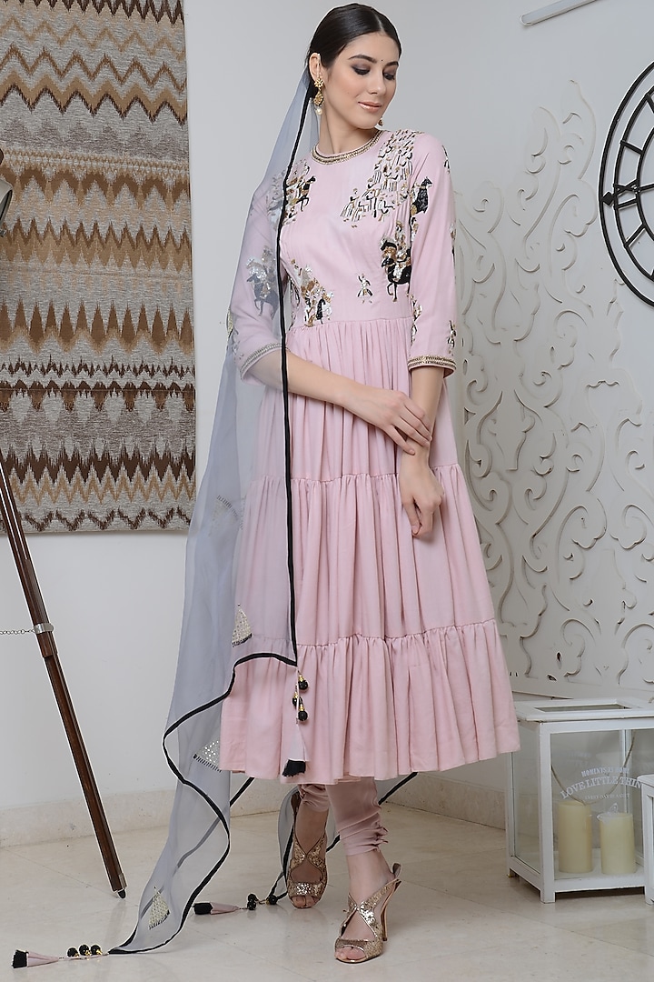 Baby Pink Embroidered Anarkali Set by Neha & Tarun