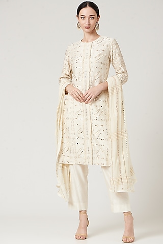 Beige Hand Embroidered Kurta Set by Neha & Tarun