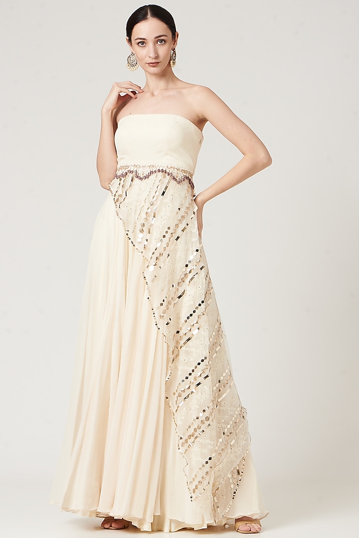 White Embroidered Gown With Cowl Drape by Neha & Tarun
